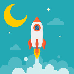 launch rocket with moon and sky, flat design vector