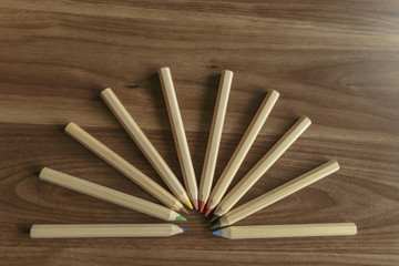 School Supplies. Color Pencils on Wooden Table. No People.