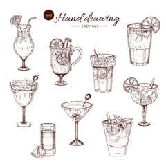 Alcoholic Cocktails Hand Drawn Monochrome Set