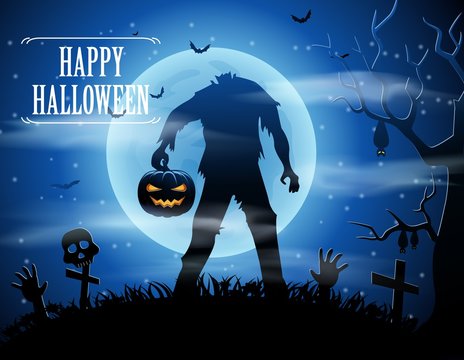 Halloween background with zombies and the moon. Vector illustration