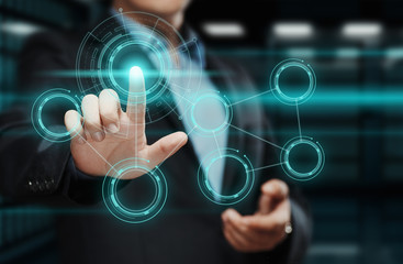 Businessman pressing button on virtual screen. Man pointing on futuristic interface. Innovation technology internet and business concept. Space for text. Abstract background