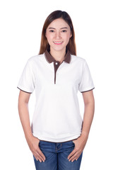 woman in white polo shirt isolated on white background