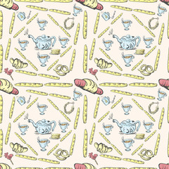 Seamless pattern tea set and pastries and sweets