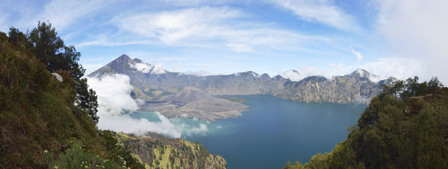 Panorama of Segara Anak on Mount Rinjani crater lake, taken from plawangan senaru