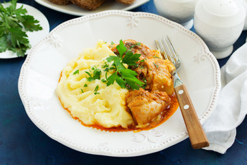 Chicken ragout with paprika and mashed potatoes.