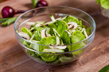vegetable green salad bowl on kitchen table, balanced diet