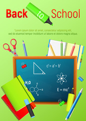 Back to School. Back to School colorful poster with blackboard and school supplies. Vector illustrations.