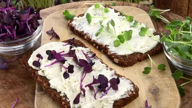 Rotating Cream Cheese and Cress on a slice of Bread (seamless loopable 4K UHD footage)