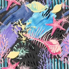 Creative abstract watercolor marine seamless pattern