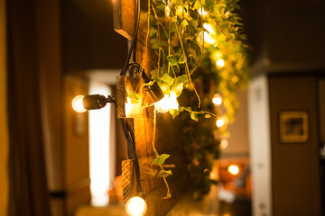 Wooden natural garland decorated with bulb lights on wedding ceremony. Dim light