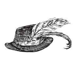 Hat with fancy feathers, hand drawn doodle, sketch in woodcut style, black and white vector illustration