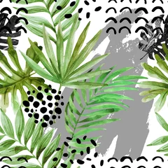Foto op Plexiglas aquarel tropische bladeren en inkt kronkelt achtergrond © Tanya Syrytsyna