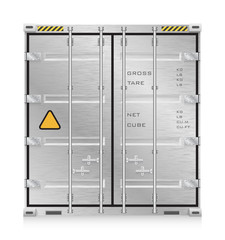Cargo container vector isolated on white background. Metal box or equipment for storage at dock, port, warehouse. Freight transport by ship, crane, trailer truck for shipping, import export business.