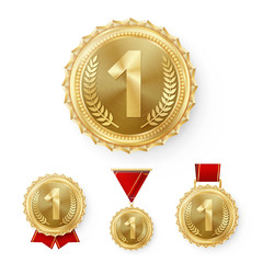 Champion Bronze Medals Set Vector. Metal Realistic 3rd Placement Winner Achievement. Number Three. Round Medal With Red Ribbon. Relief Detail. Best Challenge Award Sport Competition Game Copper Trophy
