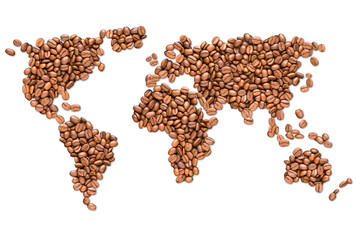 Roasted coffee beans earth map isolated on white background