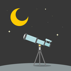 observation star with telescope with background of moon, star and ground