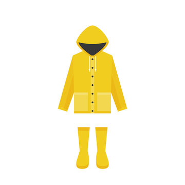 yellow raincoat and rubber boots, flat design for rainy season