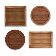 Wooden labels collection. Vector shapes made of wood - square, rectangle, circle for stickers, banners, badges.