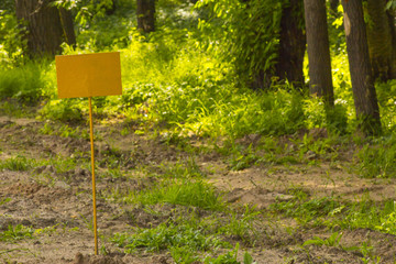 Empty yellow information board or sign board against the background of green trees