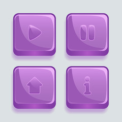 Set of purple rounded square glossy buttons with different abstract patterns, vector asset for web or game design, music player, app icons vector template isolated on light background.