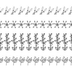 Linear black and white illustrations of plants, decorative border of flowers and leaves. Object for design.
