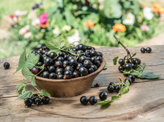 Black currant in the wooden bowl on the wooden table.