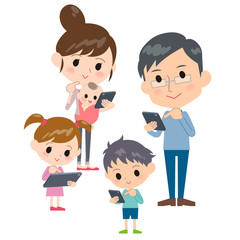 family 2 generations internet communication smartphone tablet gather