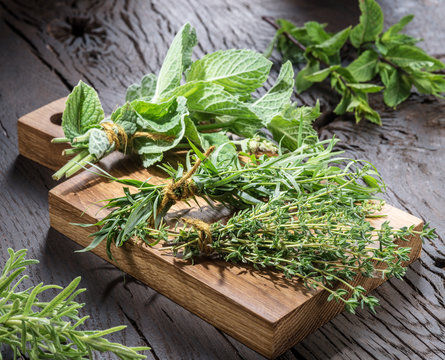 Fresh herbs on the wooden table.