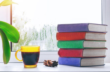 Cup of hot coffee with cinnamon and a stack of books on the windowsill. Outside the window the rain. Home interior.