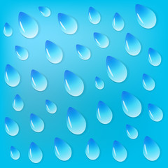 Pattern of water drops on blurred blue background
