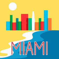 Miami abstract skyline city skyscraper flat colorful vector illustration