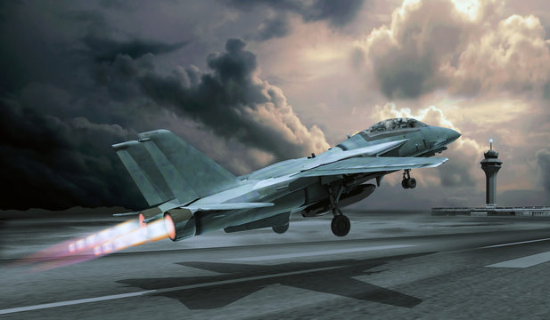 Milit&auml;rjet mit Nachbrenner startet in den Einsatz