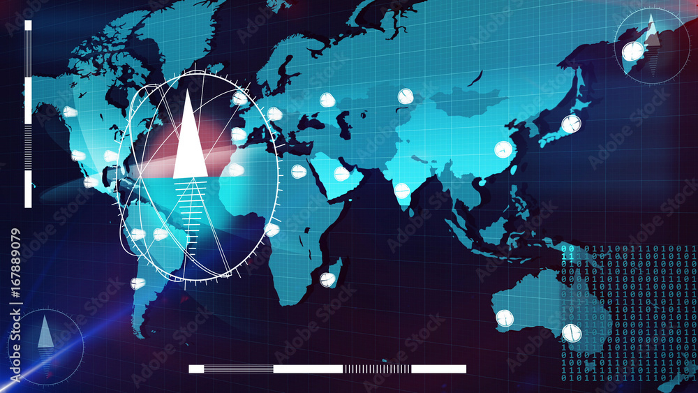 Poster world internet map with clocks and columns on it