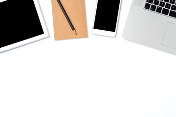 Overhead shot of business accessories on white background