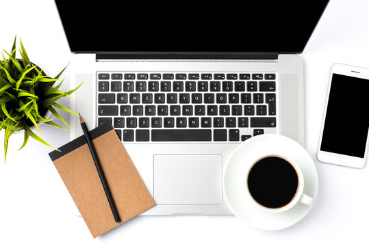 Overhead shot of business accessories on white background