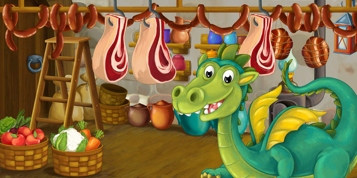 Cartoon scene of dragon stealing food from the basement - illustration for children