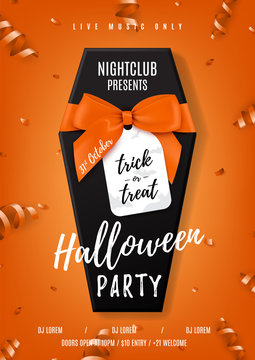 Halloween party vector poster with black coffin. Top view on realistic gift box with satin orange bow. Vector illustration with confetti and serpentine. Invitation to nightclub.