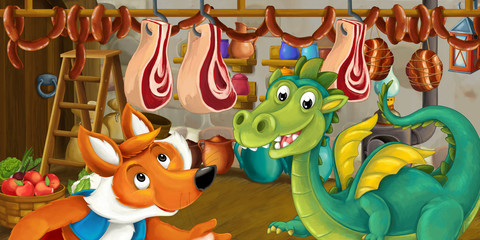 Naklejka premium Cartoon scene of fox and dragon stealing food from the basement - illustration for children