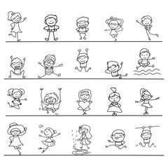 Set of hand drawing abstract happy cute kids line art