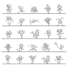 Set of hand drawing abstract happy cute kids line art