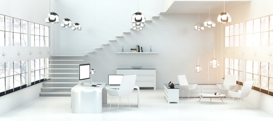 Modern white office interior with computer and devices 3D rendering