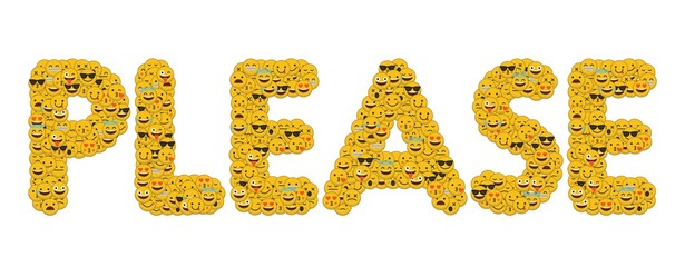 The word please written in social media emoji smiley characters