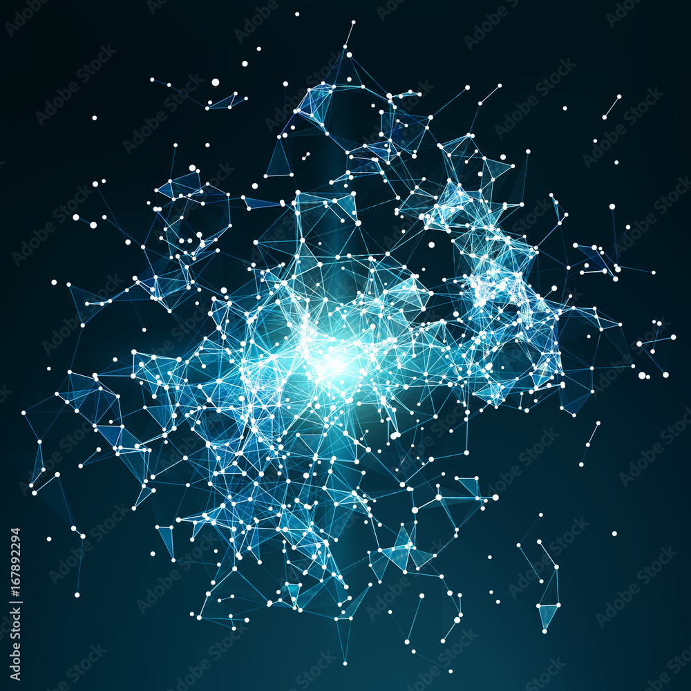 Poster flying nodes network connection 3d rendering