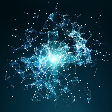Flying nodes network connection 3D rendering