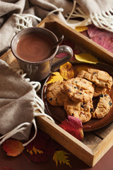 hot chocolate warming drink wool throw cozy autumn leaves