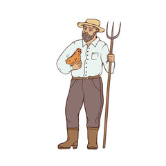Male farmer in boots and wide-brimmed straw hat, with chicken and a pitchfork in his hands. Worker in the agricultural sector. People of professions. Vector colored sketch of realistic illustration.