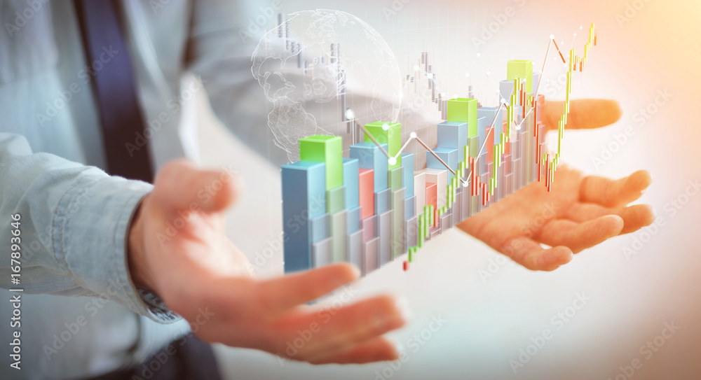 Poster businessman using digital 3d rendered stock exchange stats and charts