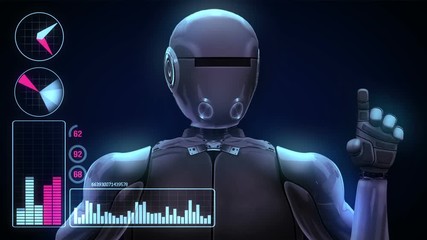Robot includes a futuristic user interface with the word development. 3d animation rendering