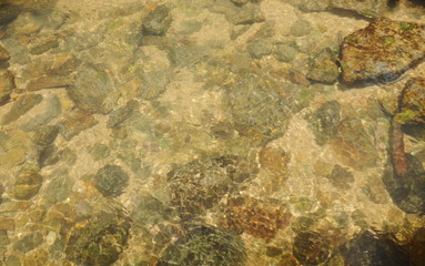 rock and sand on river ground with clear water