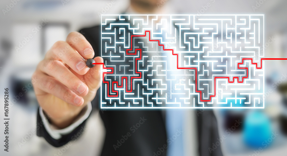 Poster Businessman searching solution of a complicated maze
